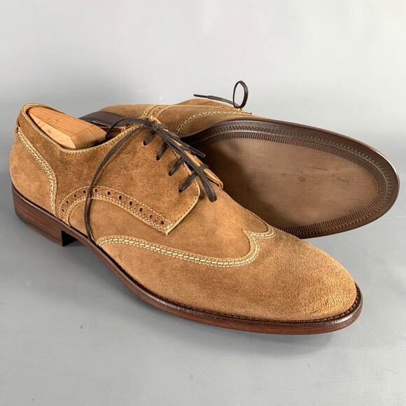 JOHNSTON & MURPHY Size 10 Brown Contrast Stitch Suede Wingtip Lace-Up Shoes - Picture 5 of 10